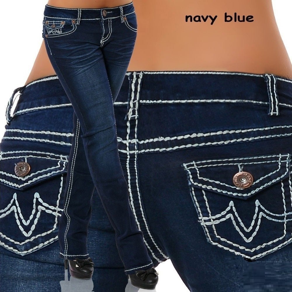 Low Rise Solid Double Pocket Topstitched Casual Jeans - GIGI & POPO - Jeans - Navy Blue / S