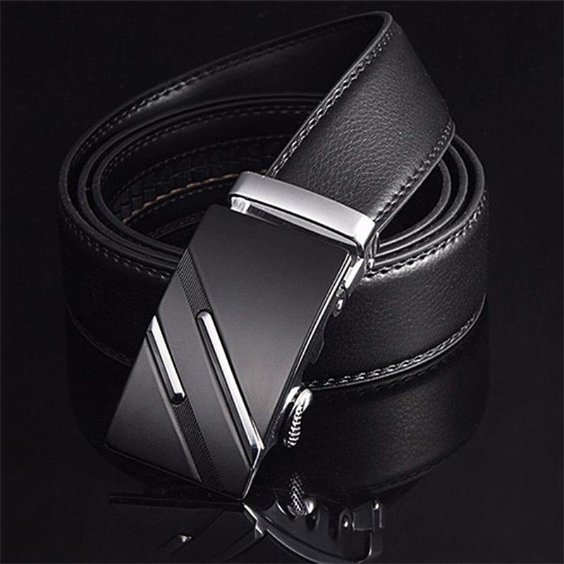 Luxury leather men's belt with metal buckle, 3.5cm wide, solid pattern, formal style.