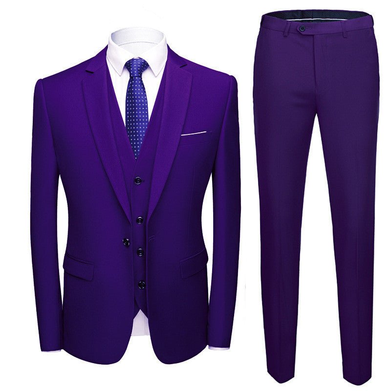 Men's business suits wedding dress suit set in purple, single row button, cotton blend. Suitable for all seasons.