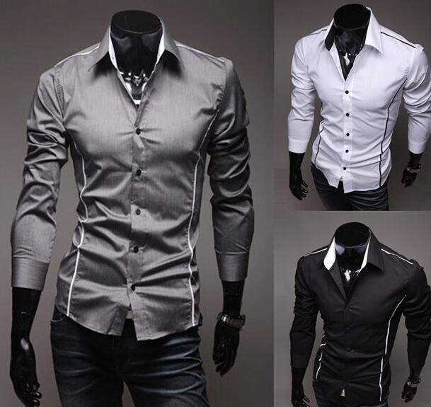 Men's cotton shirt, slim fit, long sleeve, available in black, white, and gray.