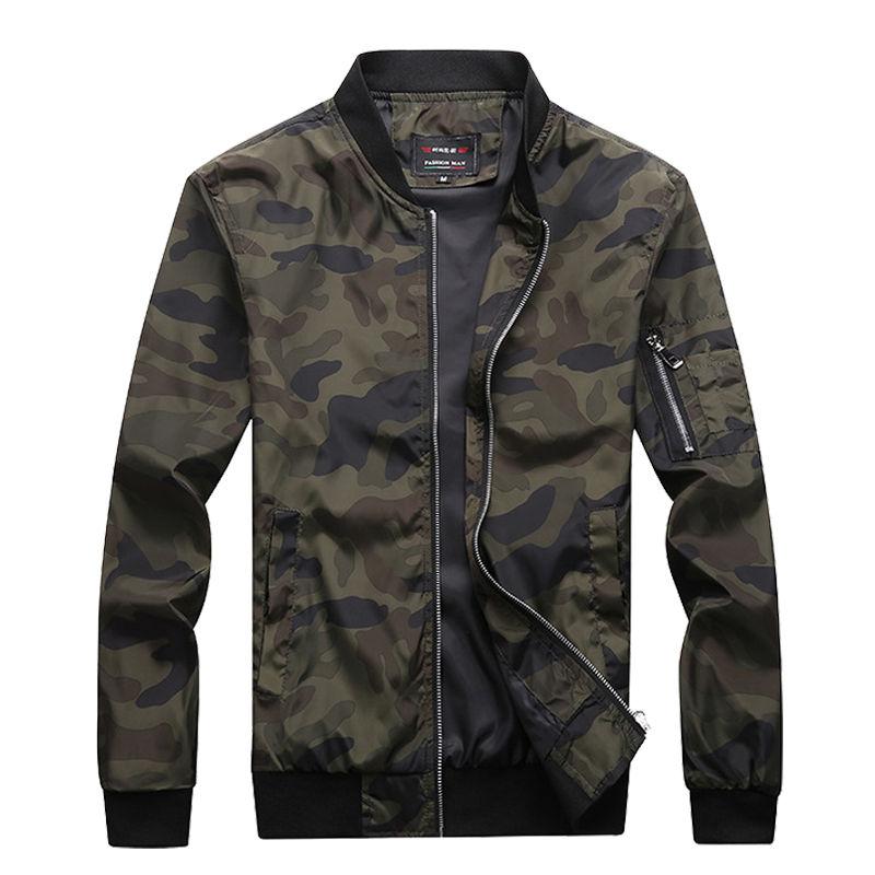 Men's camouflage bomber jacket with stand collar and zipper, army green.