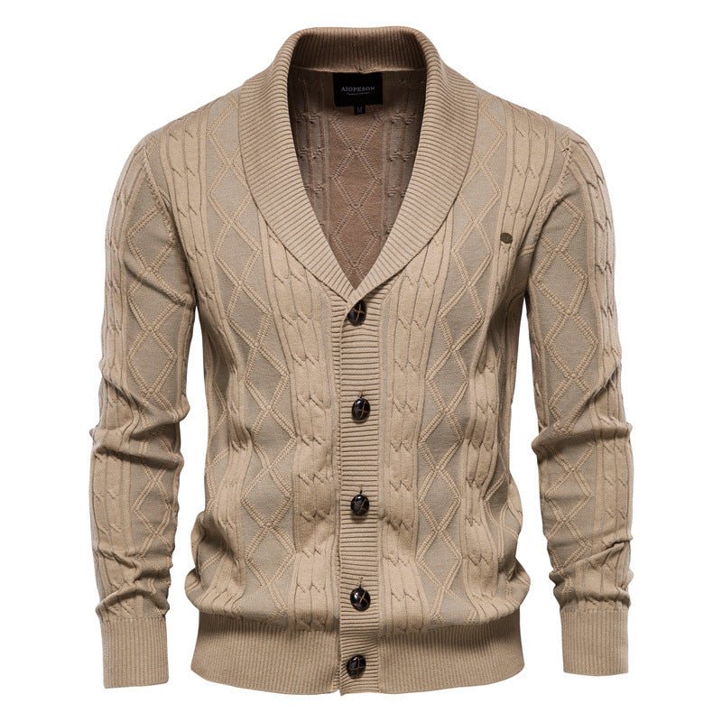 Men's Khaki Cardigan Sweater with V-neck and Twisted Design