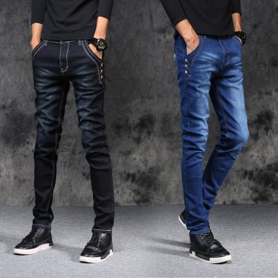 Men's jeans in black and blue with stylish design.