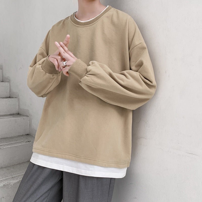 Men's loose round neck pullover T-shirt in khaki, fashion minimalist style.