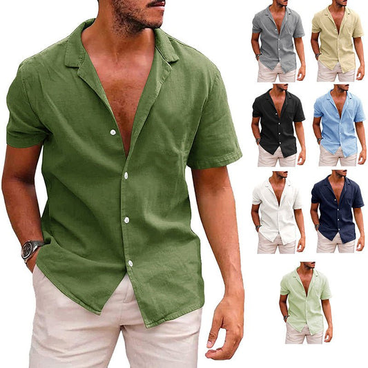 Men's short sleeve button-down beach shirt in various colors.