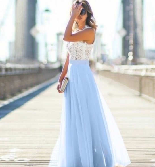 New European and American lace stitching Chiffon overlength dress dress - GIGI & POPO - Women - Blue / L