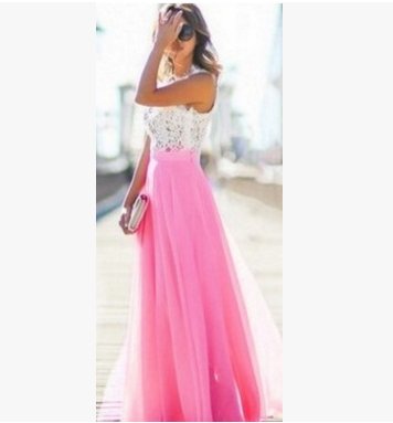 New European and American lace stitching Chiffon overlength dress dress - GIGI & POPO - Women - Rose red / L