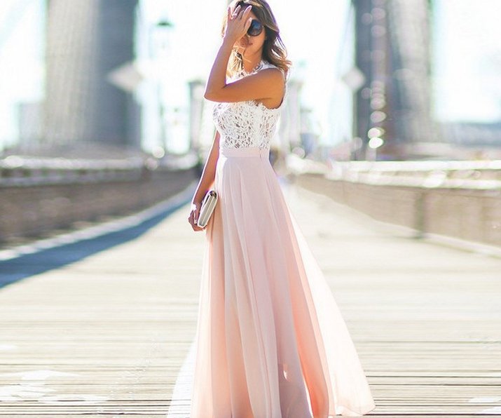 New European and American lace stitching Chiffon overlength dress dress - GIGI & POPO - Women - Pink / S