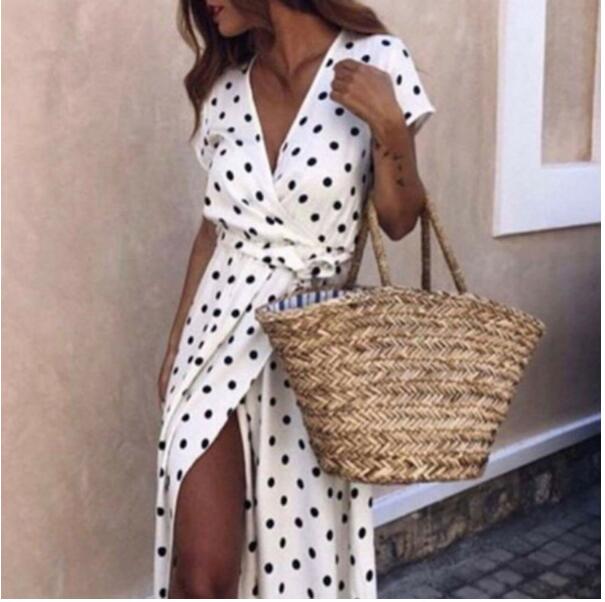 New Women Wave Point Short Sleeve Ladies V Neck Stretch Bodycon Maxi Dress - GIGI & POPO - Women - White / 2XL
