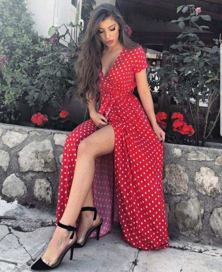 New Women Wave Point Short Sleeve Ladies V Neck Stretch Bodycon Maxi Dress - GIGI & POPO - Women - Gules / M