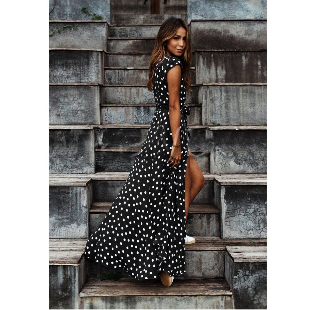 New Women Wave Point Short Sleeve Ladies V Neck Stretch Bodycon Maxi Dress - GIGI & POPO - Women - Black / 2XL