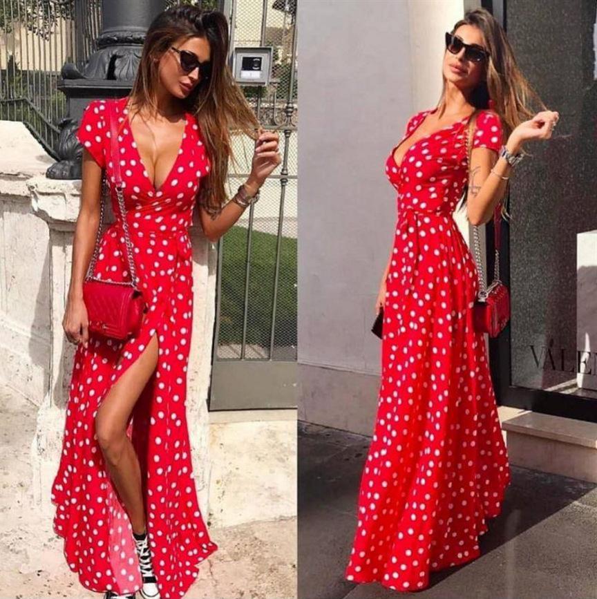 Red women wave point short sleeve V-neck bodycon maxi dress with high waist and large swing type.
