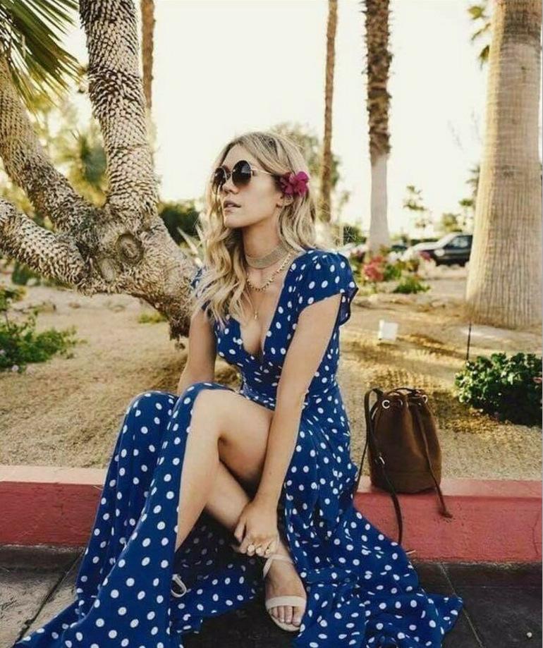 New Women Wave Point Short Sleeve Ladies V Neck Stretch Bodycon Maxi Dress - GIGI & POPO - Women - Blue / 2XL