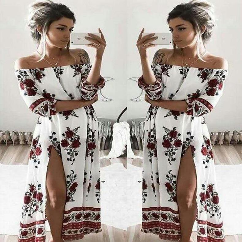 One-shoulder printed elastic waist split long dress with floral pattern.