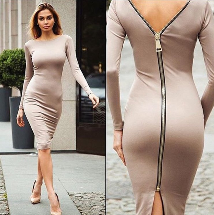 Elegant beige 'Robe Elisabeth' dress with a back zipper design, bodycon fit.