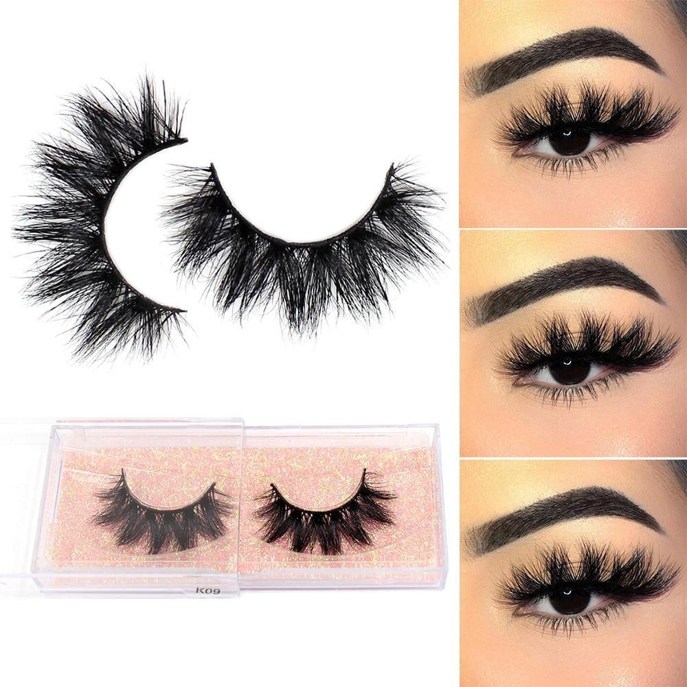 Fluffy thick cross dramatic eyelashes in packaging and applied on eyes for a glamorous look.