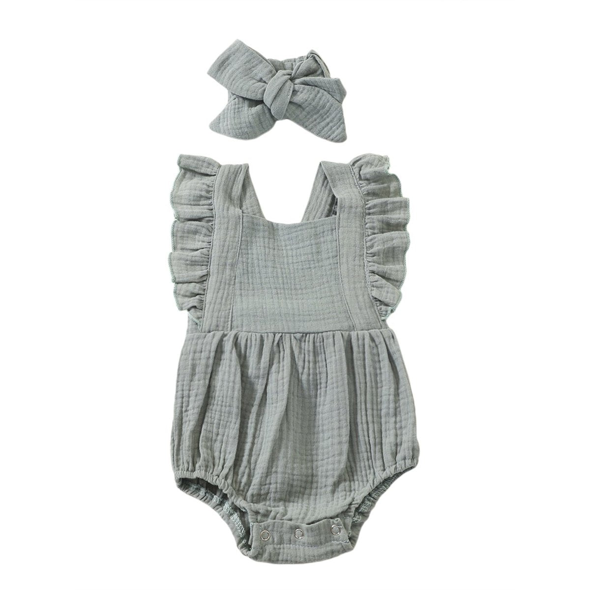 Ruffle Gauze Romper with Bow Headband - GIGI & POPO - Baby & Toddler - Green / 6M