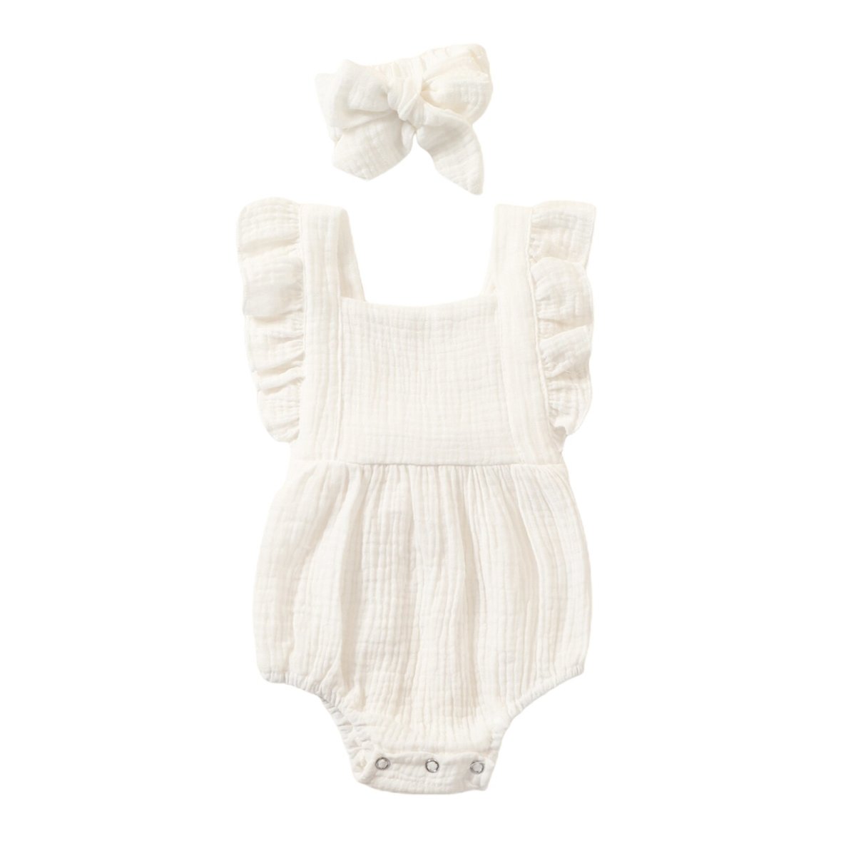 Ruffle Gauze Romper with Bow Headband - GIGI & POPO - Baby & Toddler - White / 6M