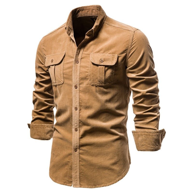 Men's long sleeve brown linen shirt with chest pockets, perfect for college and casual wear.