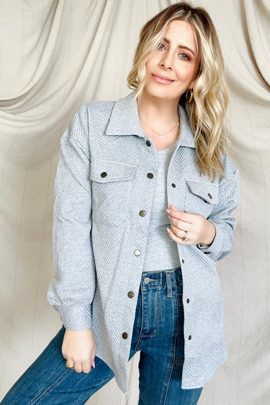 Solid Textured Flap Pocket Buttoned Shacket - GIGI & POPO