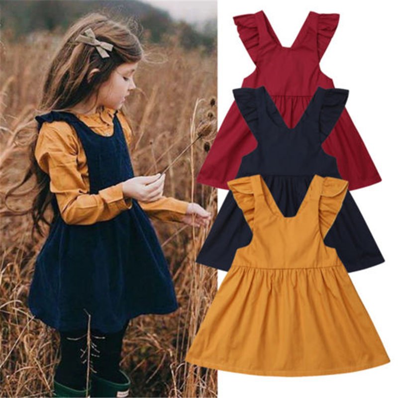 Summer girls' sleeveless dresses in yellow, red, and navy blue cotton A-line design.
