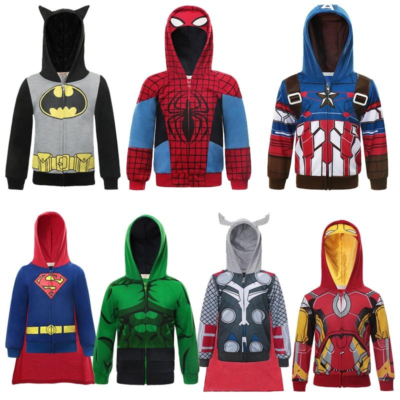 Super Boys Hoodies in various novelty superhero prints for children, cotton and polyester mix, available in orange, red, blue, green, and black.