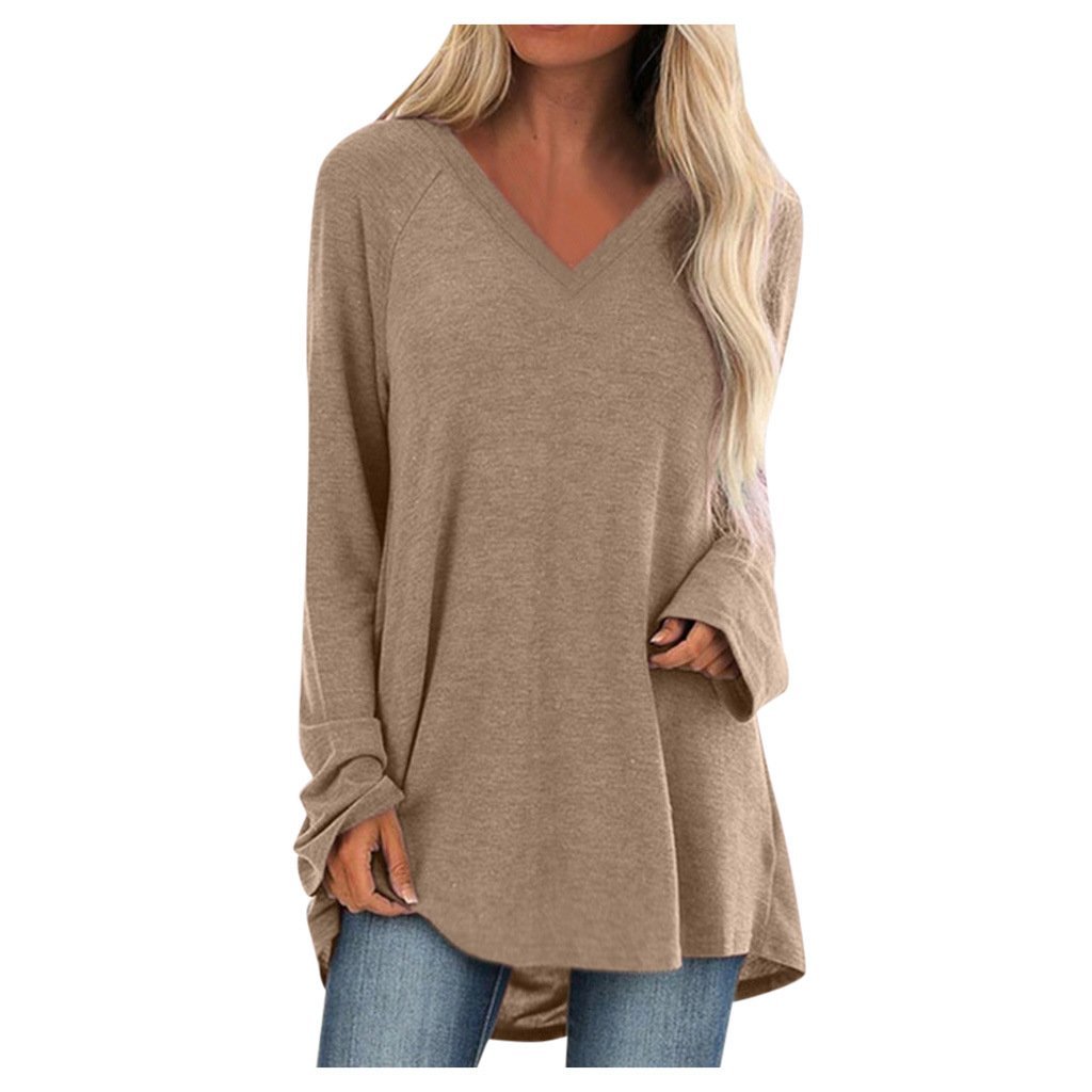 V-neck loose long sleeve pullover T-shirt - GIGI & POPO - Women - Khaki / 5XL