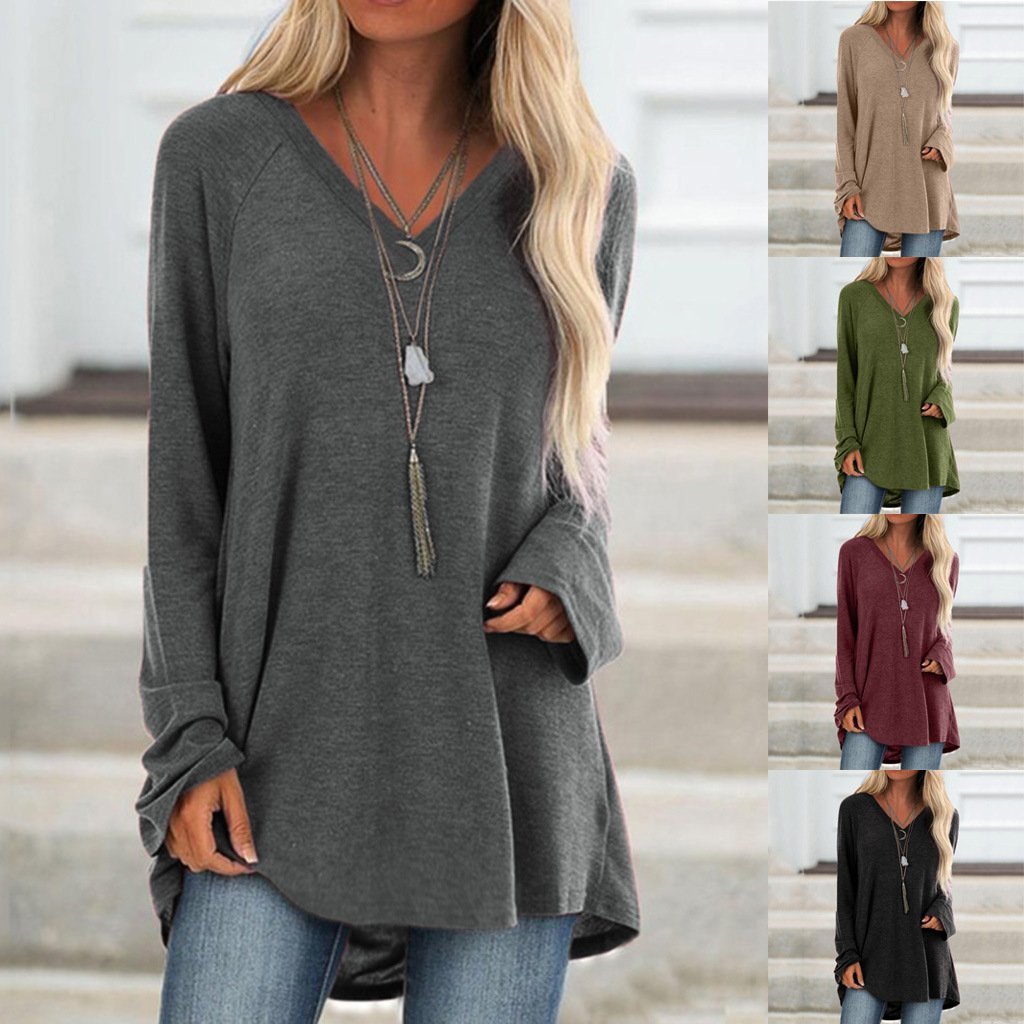 V-neck loose long sleeve pullover T-shirt in multiple colors
