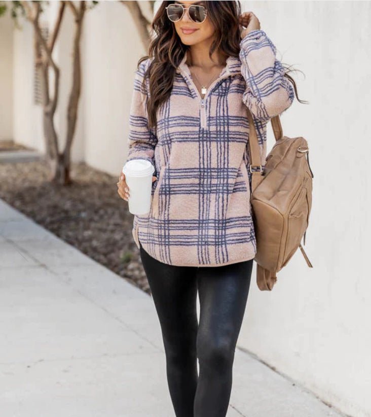Women's Fashion Plaid Plush Pullover Sweater - GIGI & POPO
