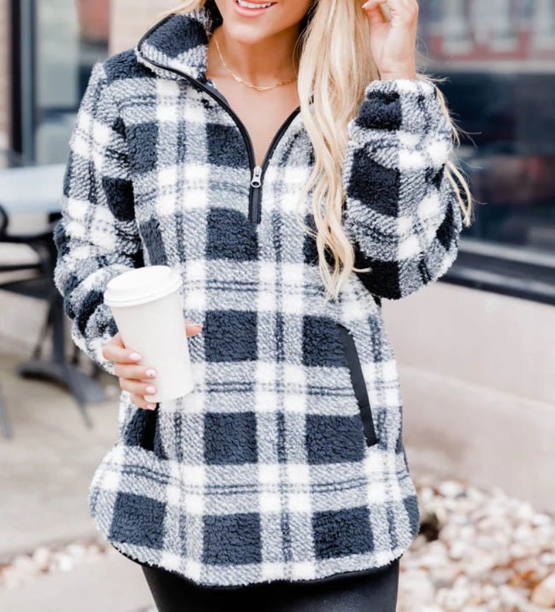 Women's Fashion Plaid Plush Pullover Sweater - GIGI & POPO