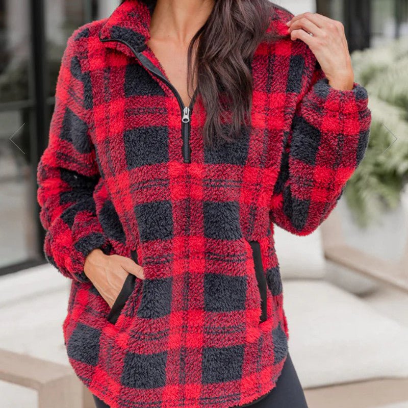 Women's Fashion Plaid Plush Pullover Sweater in red and black Chenille.