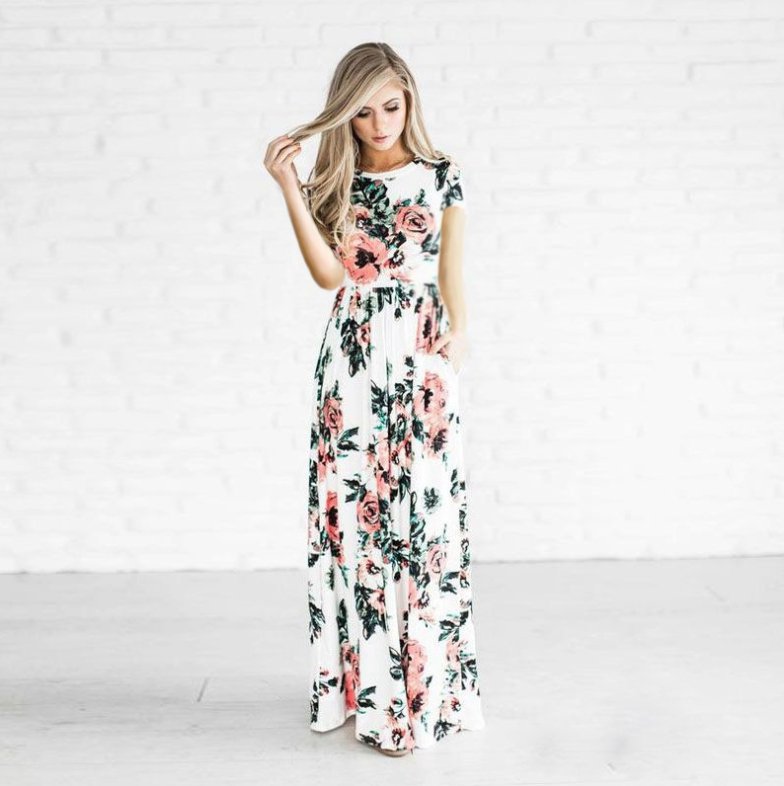 Women's Flower Printing Maxi Dress made of microfiber, featuring floral patterns.