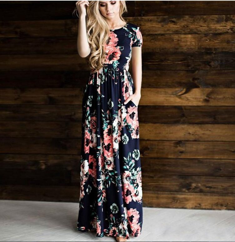 Women's Flower Printing Maxi Dress - GIGI & POPO - Women - Dark Blue / S