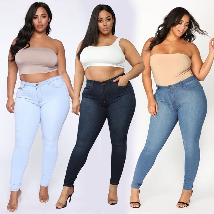 Women's plus size fashion high elastic denim pencil pants in various shades.