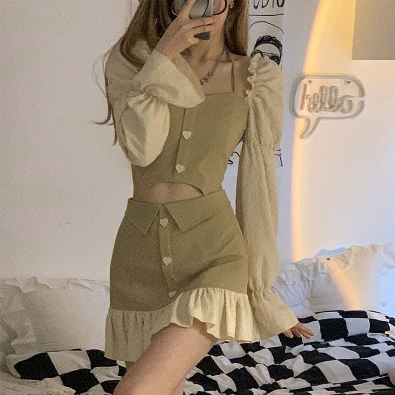 Women's puff sleeve halter top with A-line skirt in solid color, fashion simplicity.