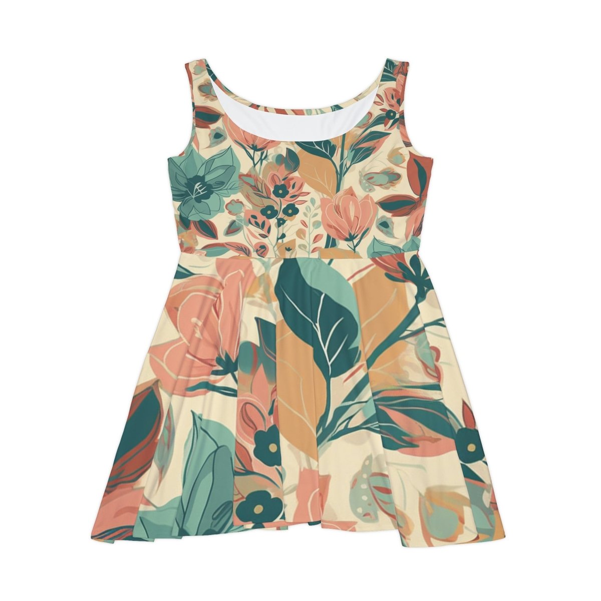 Women's skater dress with mid-summer retro floral design, fitted bodice, and A-line skirt.