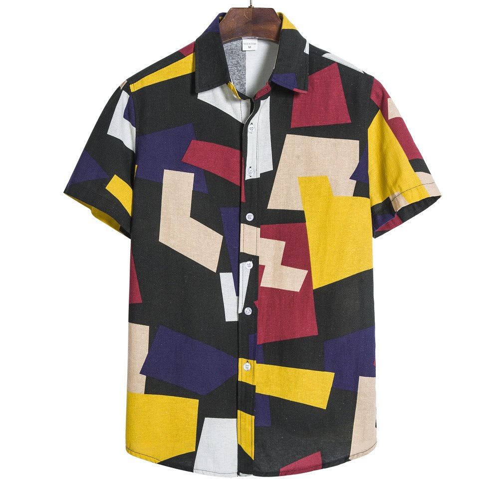 Men's geometric print shirt, short sleeve, cotton blend, multicolor design.