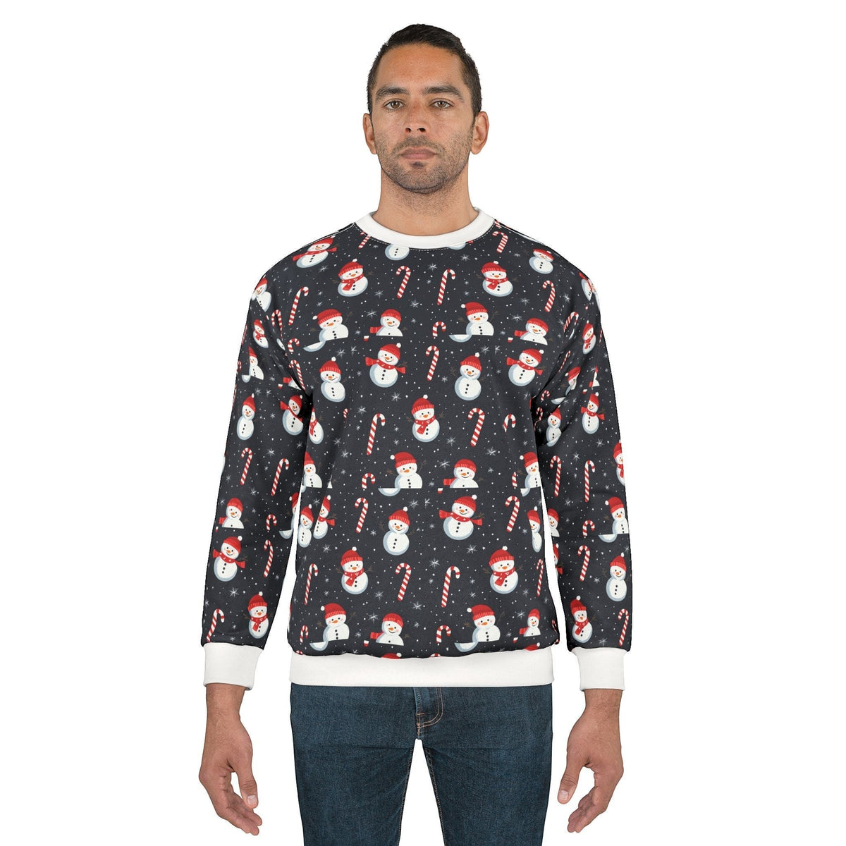 Snowman with cane design on colorful unisex sweatshirt for holiday season