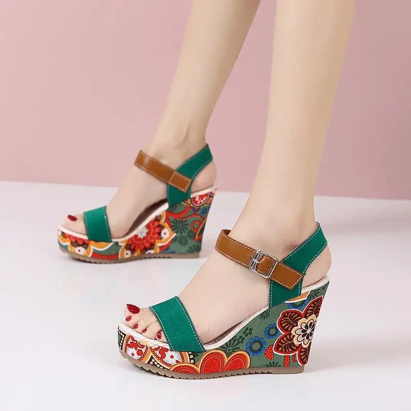 Flowers embroidered high wedge sandals with toe platform and buckle strap