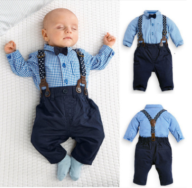 Boys gentleman suit with plaid shirt and bib, perfect for children's special occasions.