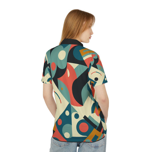 Geometric Pattern Polo Shirt with bold, colorful design, 100% polyester fabric.