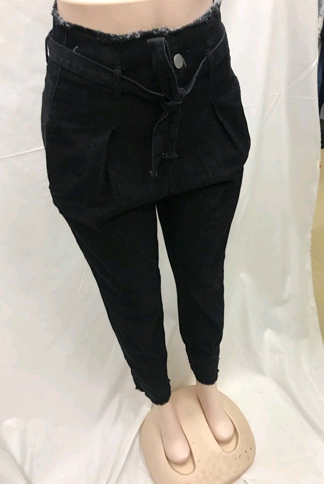 Women wearing Jeans Flowerbed high waist belted dark denim jeans with stylish fit