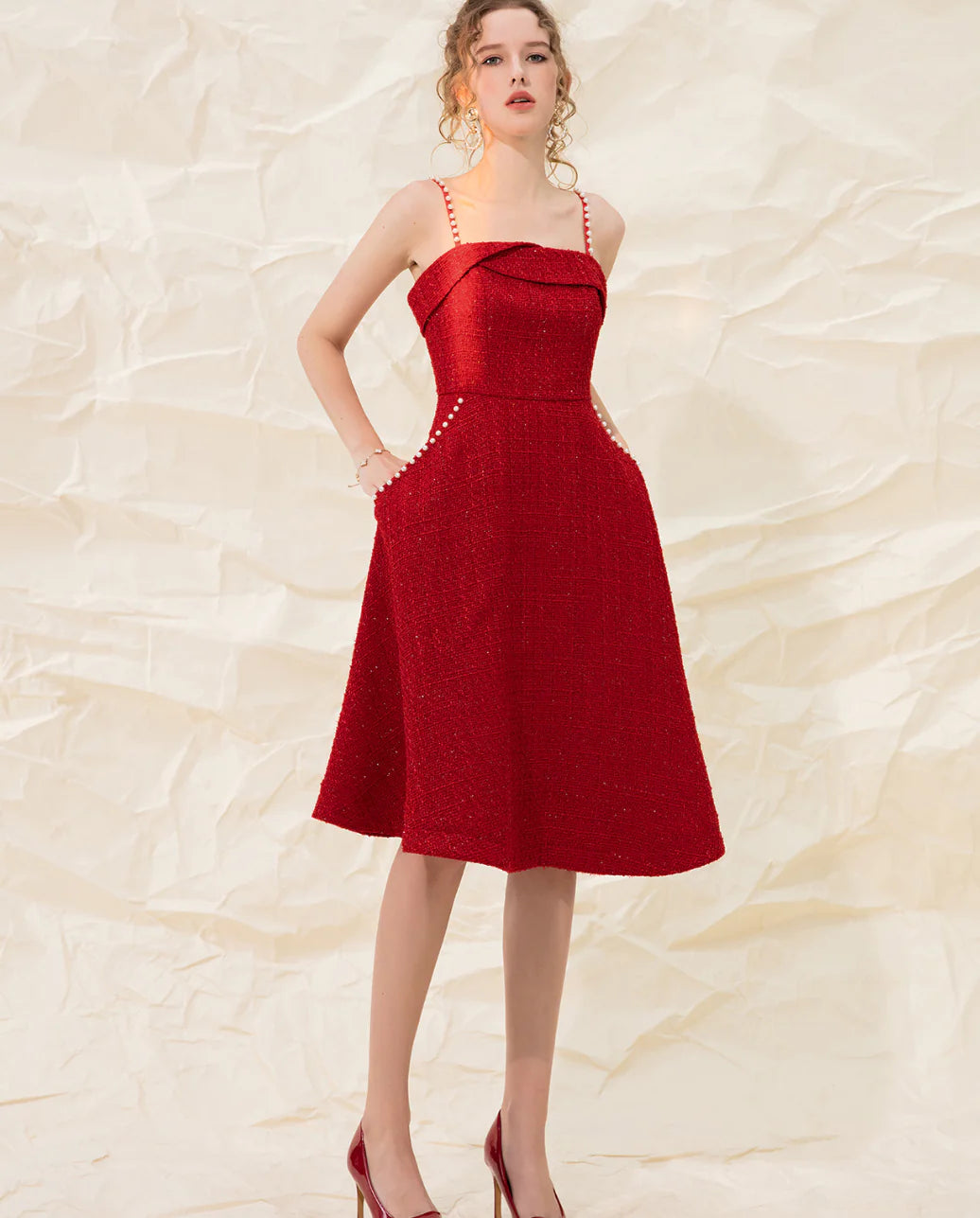 Retro Pearl Sling Tweed Dress for Women