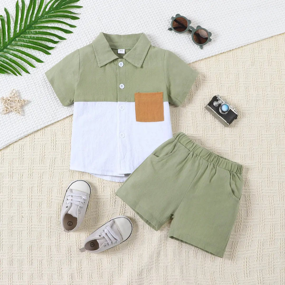 Boys' summer cotton and linen casual shirt and shorts suit displayed with shoes and accessories.