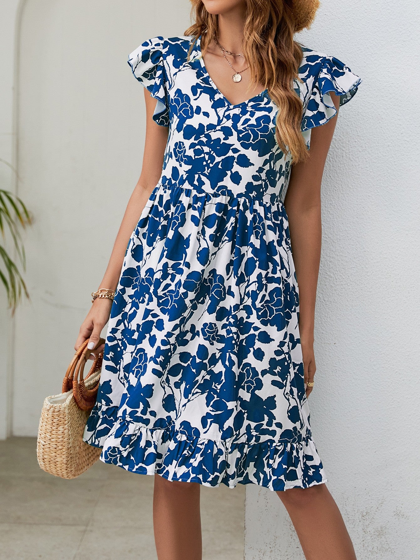 Leaf Print Dress Summer V-neck Ruffled Sleeveless