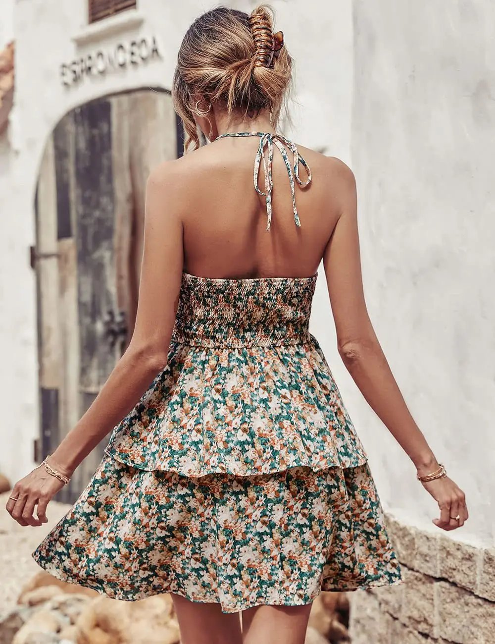 Summer Printed Halter Dress Fashion Backless Ruffled