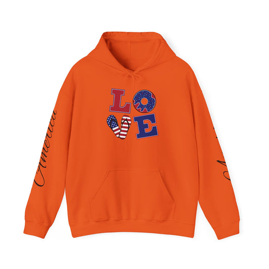 Love printed Heavy Blend™ Hooded Sweatshirt with American themed sleeves and spacious pocket.