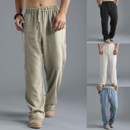 Men's breathable linen loose casual sports pants in khaki, black, white, and light blue colors