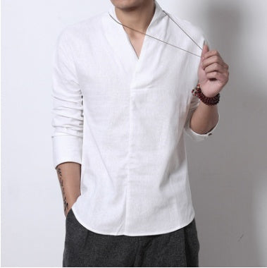Men's white long-sleeved loose linen shirt with stand-up collar, plain design, and casual style