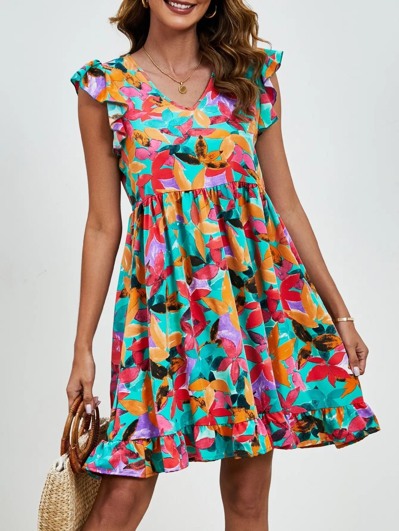 Leaf Print Dress Summer V-neck Ruffled Sleeveless